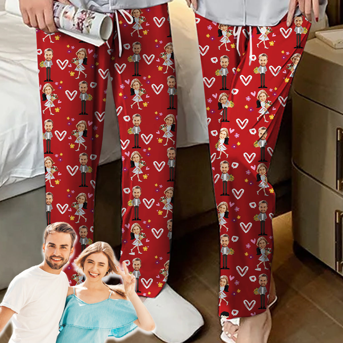 Custom Couple Unisex Pajama Pants Personalized Couple Face Red Pajama 1036