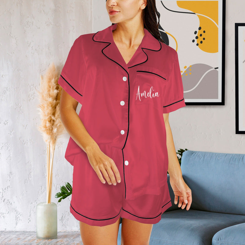 Personalized Women's Silk Short Sleeve Pajama Sets Custom Name Bridesmaid Satin Pajamas Nightwear Bachelor Party