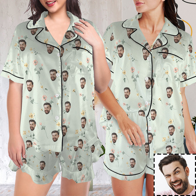 Personalized Women's Silk Short Sleeve Pajama Sets Custom Face Little Flowers Lignt Green Satin Pajamas Nightwear