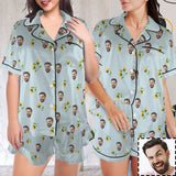 Personalized Women's Silk Short Sleeve Pajama Sets Custom Face Little Flowers Lignt Blue Satin Pajamas Nightwear