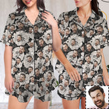 Personalized Women's Silk Short Sleeve Pajama Sets Custom Face Retro Black&White Flowers Satin Pajamas Nightwear