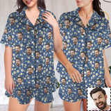 Personalized Women's Silk Short Sleeve Pajama Sets Custom Face Blue Satin Pajamas Nightwear