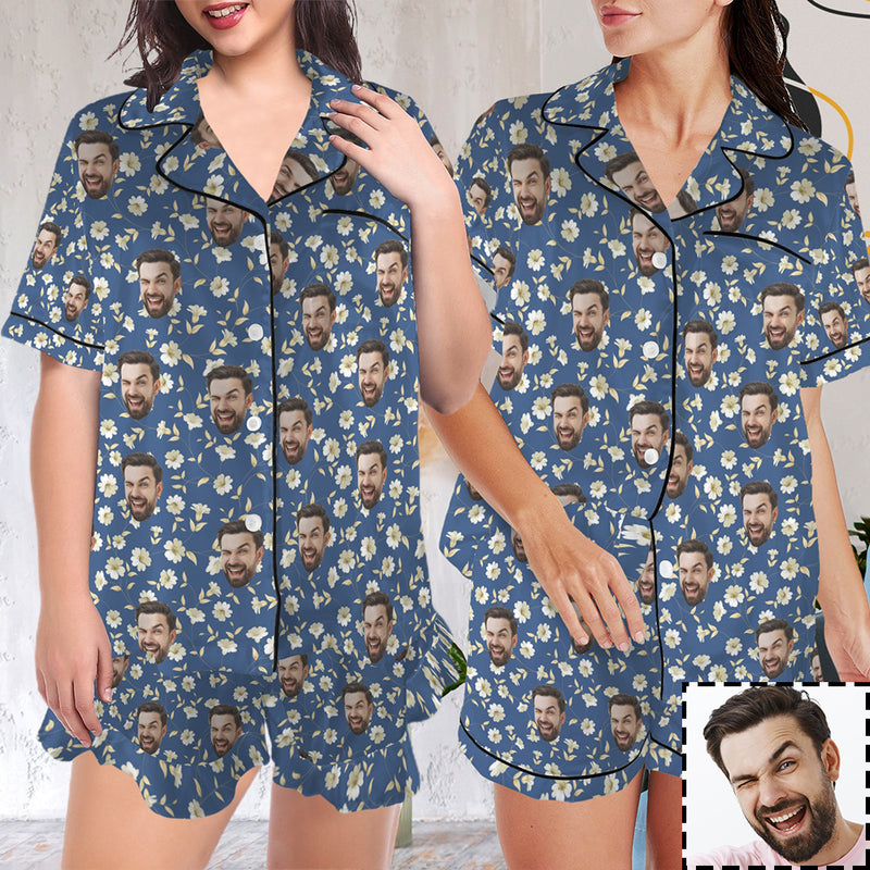 Personalized Women's Silk Short Sleeve Pajama Sets Custom Face Blue Satin Pajamas Nightwear