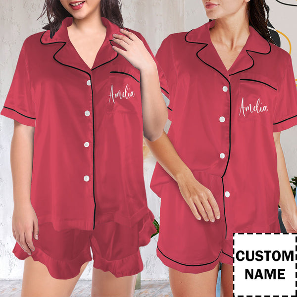 Personalized Women's Silk Short Sleeve Pajama Sets Custom Name Bridesmaid Satin Pajamas Nightwear Bachelor Party