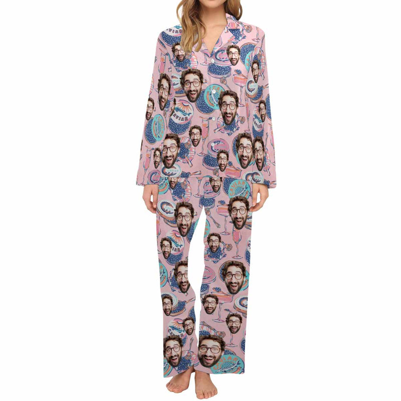 Custom Face Women's Cotton&Satin Pajama Set Personalized Long Sleeve Pajamas Set