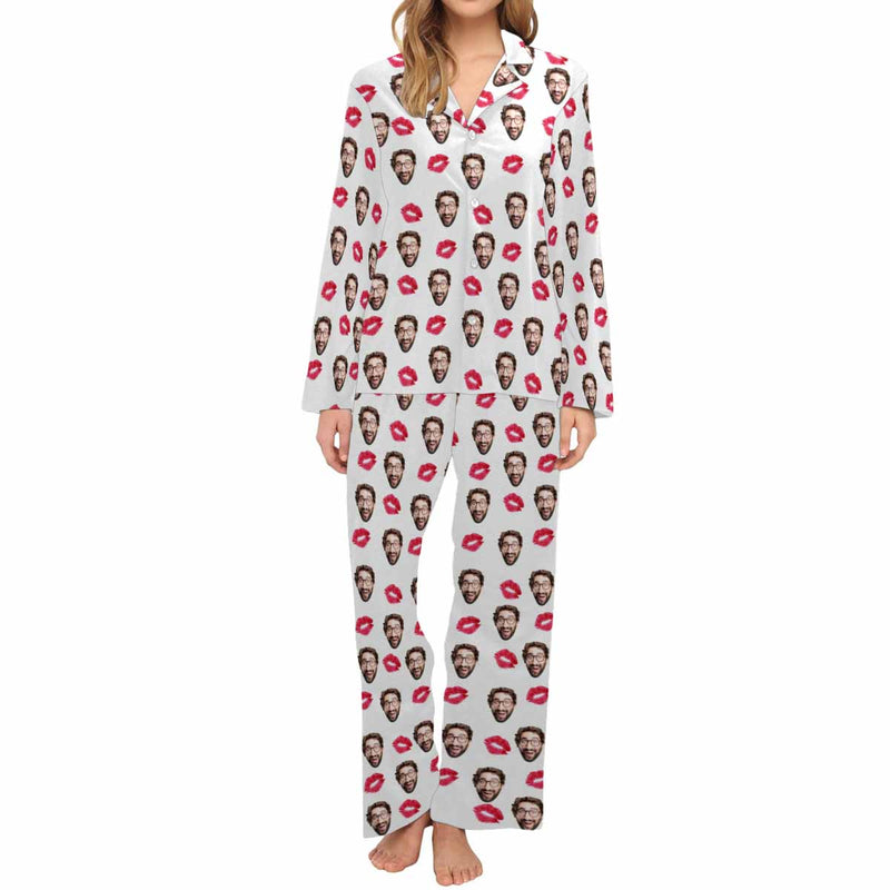 Custom Face Cotton&Satin Pajama Set Personalized Face Red Lips Long Sleeve Set