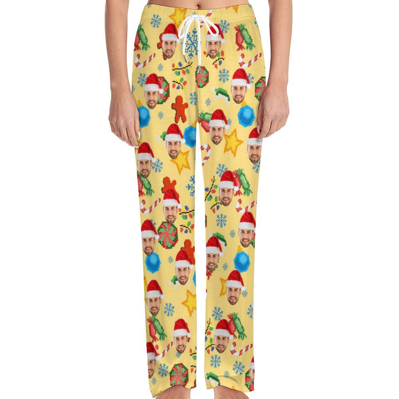 Unisex Pajama Pants Custom Face Christmas Yellow Pajama Pants For Men&Women Personalized Any Photos Pajama Pants