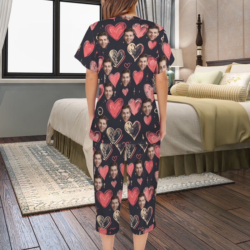 Personalized Face Women's Pajama Set Custom Face Pink Heart Black Background Women's V-Neck Short Sleeve&Capri Pants Pajama Sets