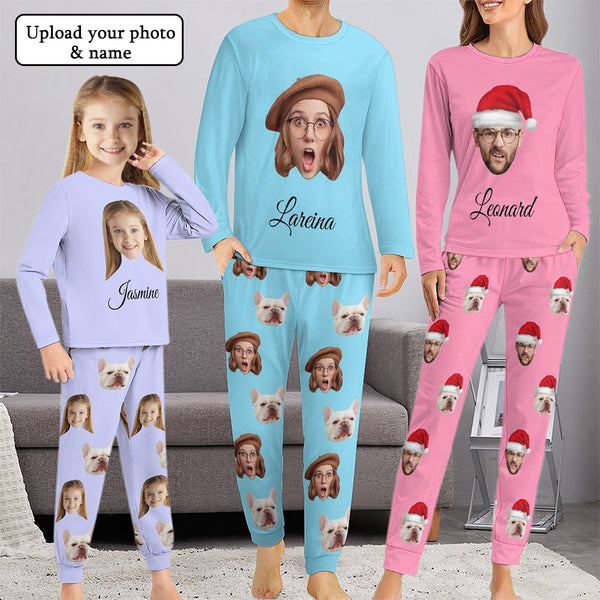 Custom Face Crew Neck Long Sleeve Pajama Sets Personalized Face&Name Sleepwear For Family