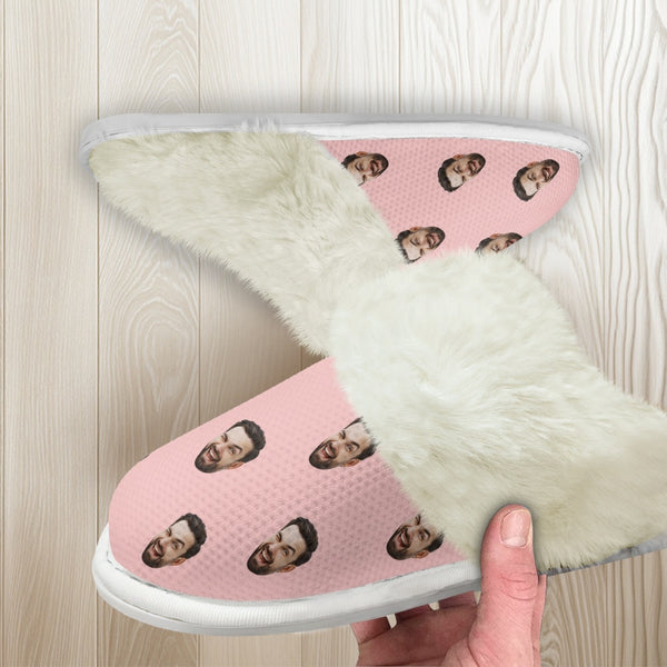 Custom Face Pink Flannel Slippers For Adults