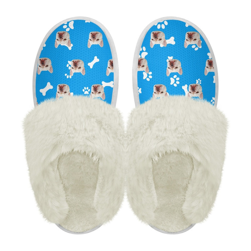 Custom Face Dog Paw Blue Flannel Slippers For Adults