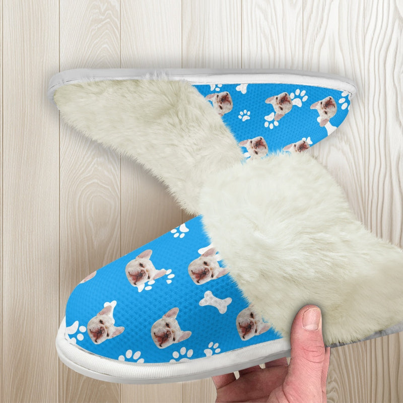 Custom Face Dog Paw Blue Flannel Slippers For Adults