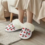 Custom Face Red Heart White Cotton Material&Plush Material Women's Tie Waist Pocket Long Pajama Sets&Slippers