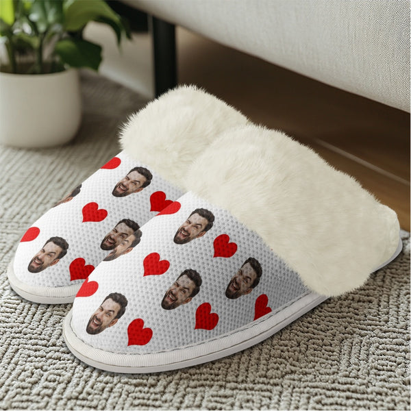 Custom Face Red Heart White Flannel Slippers For Adults