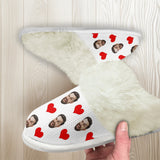 Custom Face Red Heart White Flannel Slippers For Adults