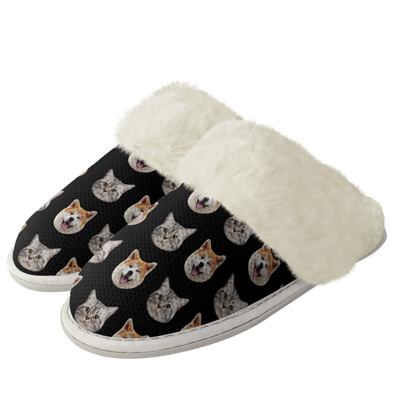 Custom Face Black Flannel Slippers For Adults