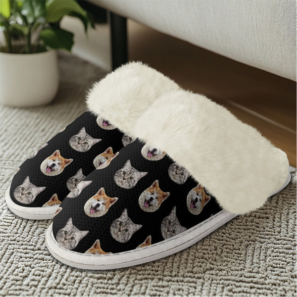 Custom Face Black Flannel Slippers For Adults