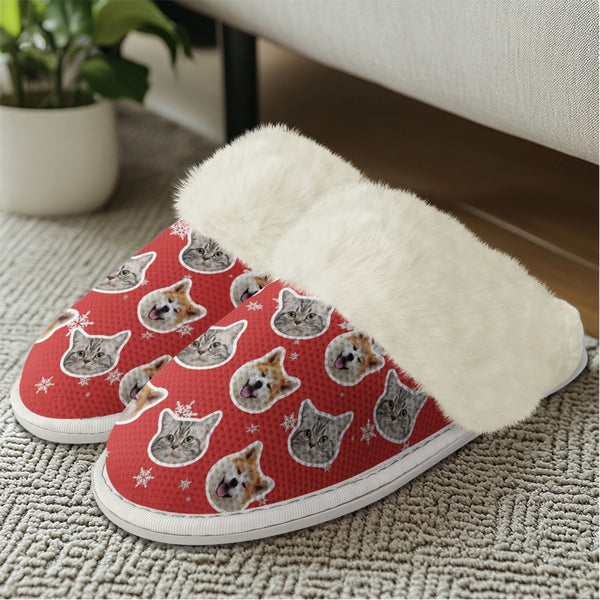 Custom Face Snowflake Red Flannel Slippers For Adults