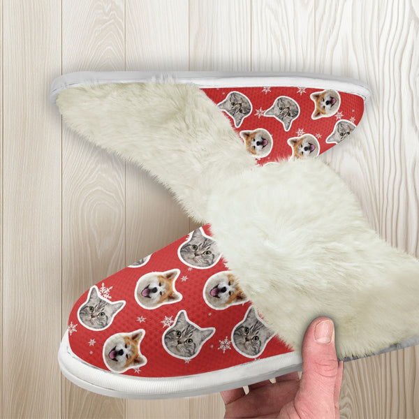 Custom Face Snowflake Red Flannel Slippers For Adults