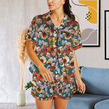 Personalized Women's Silk Short Sleeve Pajama Sets Custom Face Colorful Flowers Satin Pajamas Nightwear