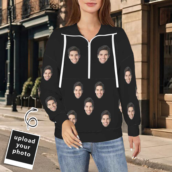 Custom Face Black Sweatshirt Hoodie Personalized Face Women's Lapel Half Zip Pullover Drawstring Sweatshirts