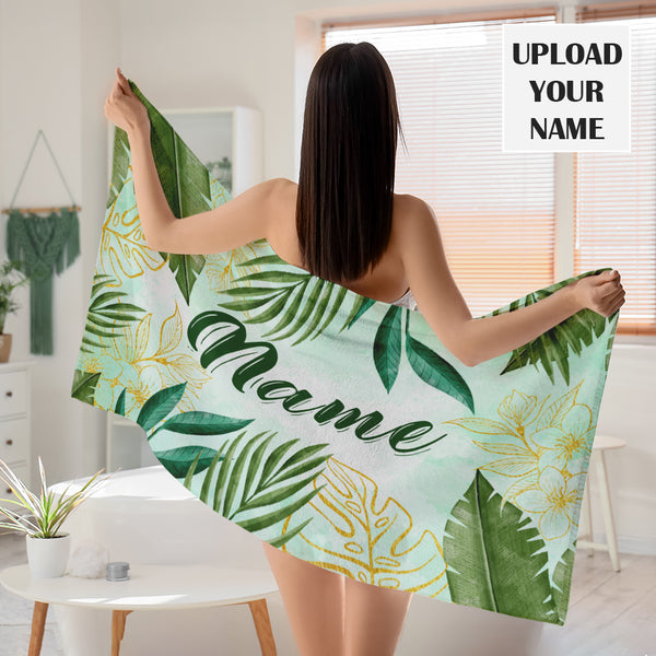 Personalized Name Green Leaves Bath Towel