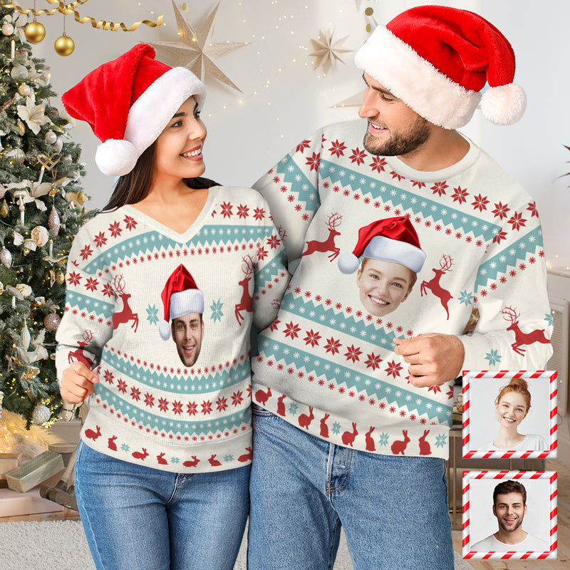 Custom One Big Face Women's V Neck Sweater&Men's Crew Neck Sweater Christmas Couple Sweaters