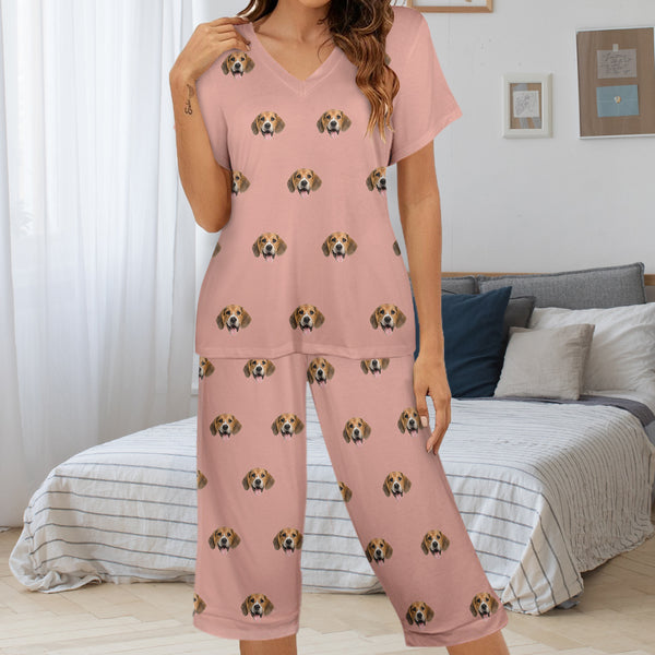 Personalized Face Women's Pajama Set Custom Women's V-Neck Short Sleeve&Capri Pants Pajama Sets