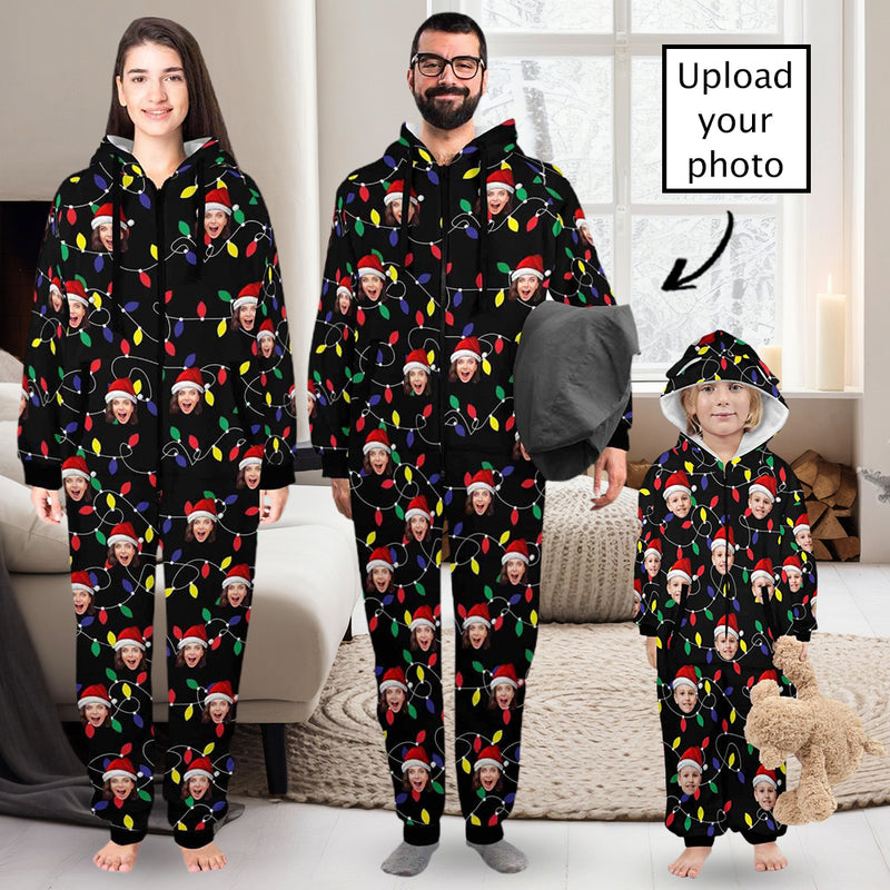 Funny Flannel Fleece Adult/Kid Onesie Pajamas Custom Face Christmas Lights on Black Background Jumpsuit Homewear