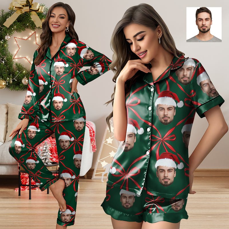 Custom Christmas Face Silk Satin Pajama Set Personalized Long Sleeve&Short Sleeve Set For Women