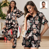 Custom Christmas Face Silk Satin Pajama Set Personalized Black Long Sleeve&Short Sleeve Set For Women