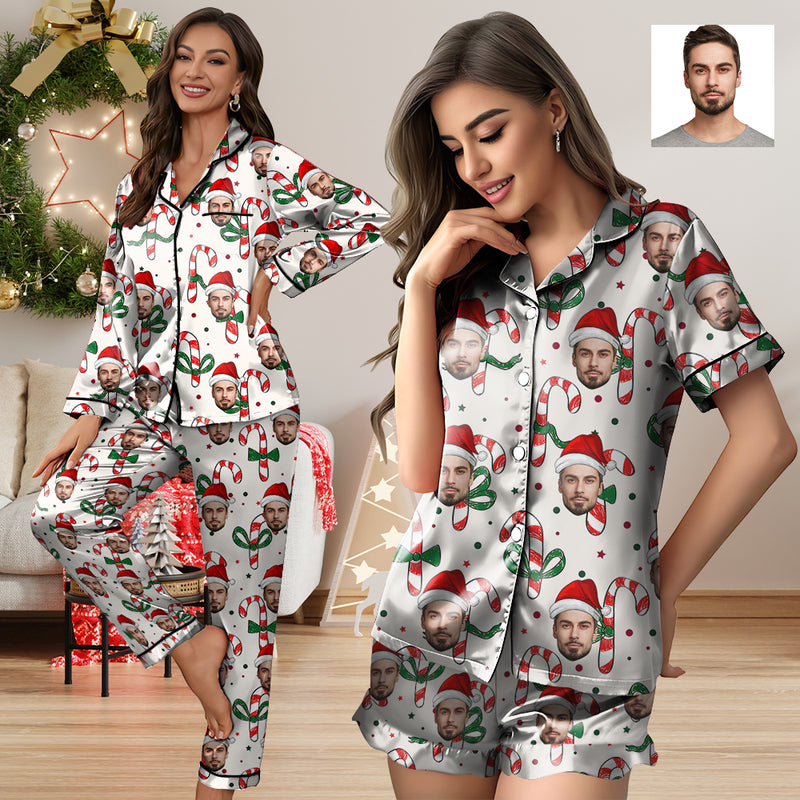 Custom Christmas Face Silk Satin Pajama Set Personalized White Christmas Hat Long Sleeve&Short Sleeve Set For Women