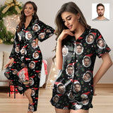 Custom Christmas Face Silk Satin Pajama Set Personalized Black Christmas Hat Long Sleeve&Short Sleeve Set For Women