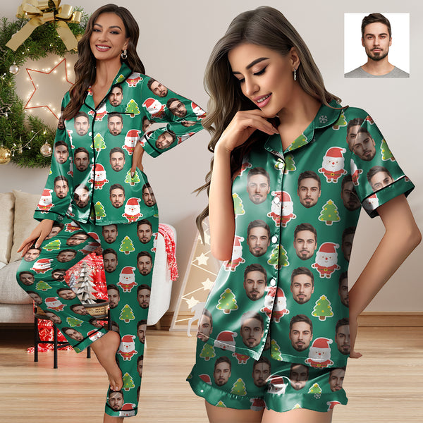 Custom Christmas Face Silk Satin Pajama Set Personalized Green Christmas Tree Long Sleeve&Short Sleeve Set For Women