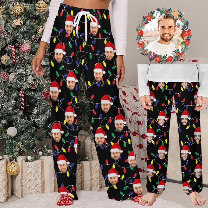 Unisex Pajama Pants Custom Face Christmas Black Pajama Pants For Men&Women&Kids Personalized Any Photos Pajama Pants