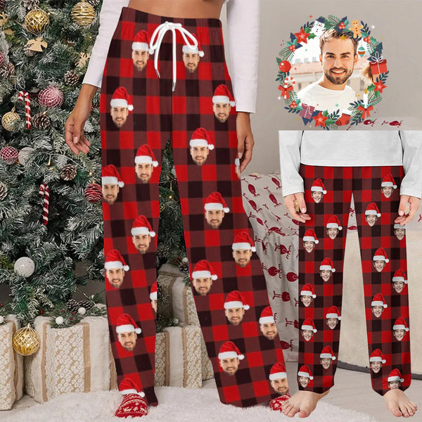 Unisex Pajama Pants Custom Face Christmas Red Pajama Pants For Men&Women&Kids Personalized Any Photos Pajama Pants