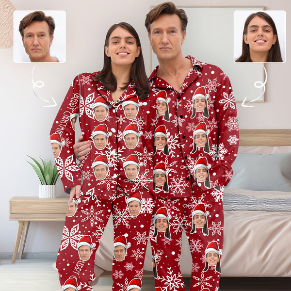 Couple Pajama Set Custom Face Happy Christmas Red Background Sleepwear Personalized Women's Slumber Party Long Pajama Set