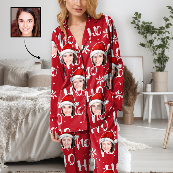 Custom Face Women's Pajamas Christmas Ho Ho Ho Nightwear Personalized Women's Slumber Party Long Pajama Set