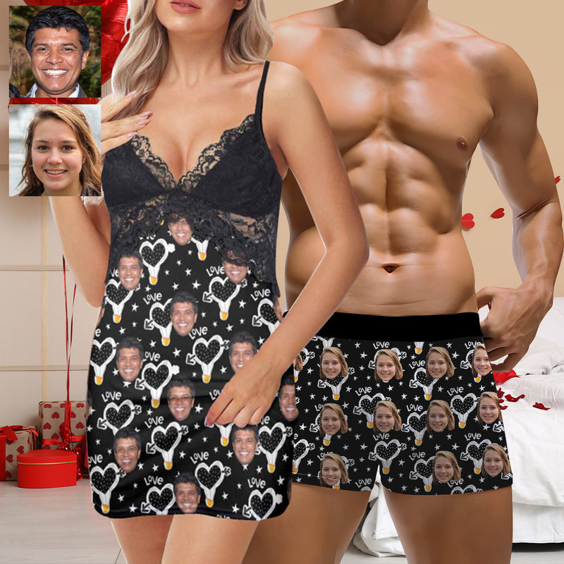 Custom Black&White Face Women Nightdress&Men's Underwear Couple Matching Gift