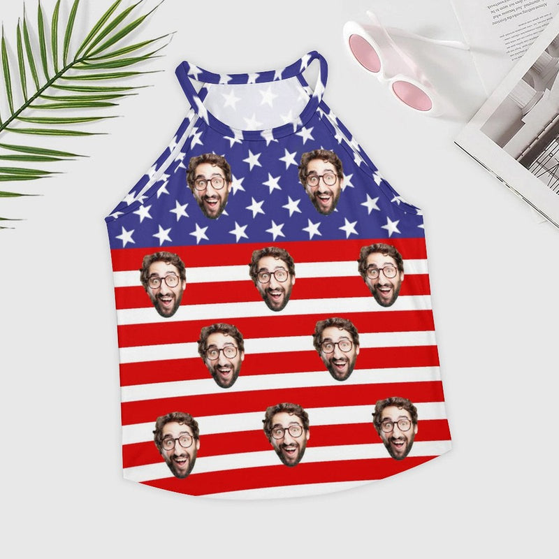 Custom Face Flag Women Summer Vest T-shirt Personalized Crew Neck Vest T-shirt Gift