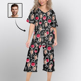 Custom Face Black Pajamas Set Loungewear Personalized V Neck Women's Cropped Pants Loungewear Set
