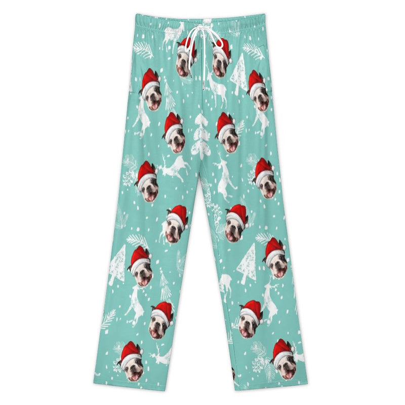 Personalized Men&Women Pajama Pants&Christmas Hat Custom Face Snowflake Light Blue Pants For Christmas Party