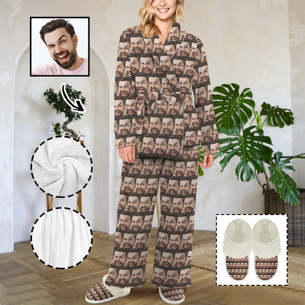 Custom Seamless Multi-Face Cotton Material&Plush Material Women's Tie Waist Pocket Long Pajama Sets&Slippers