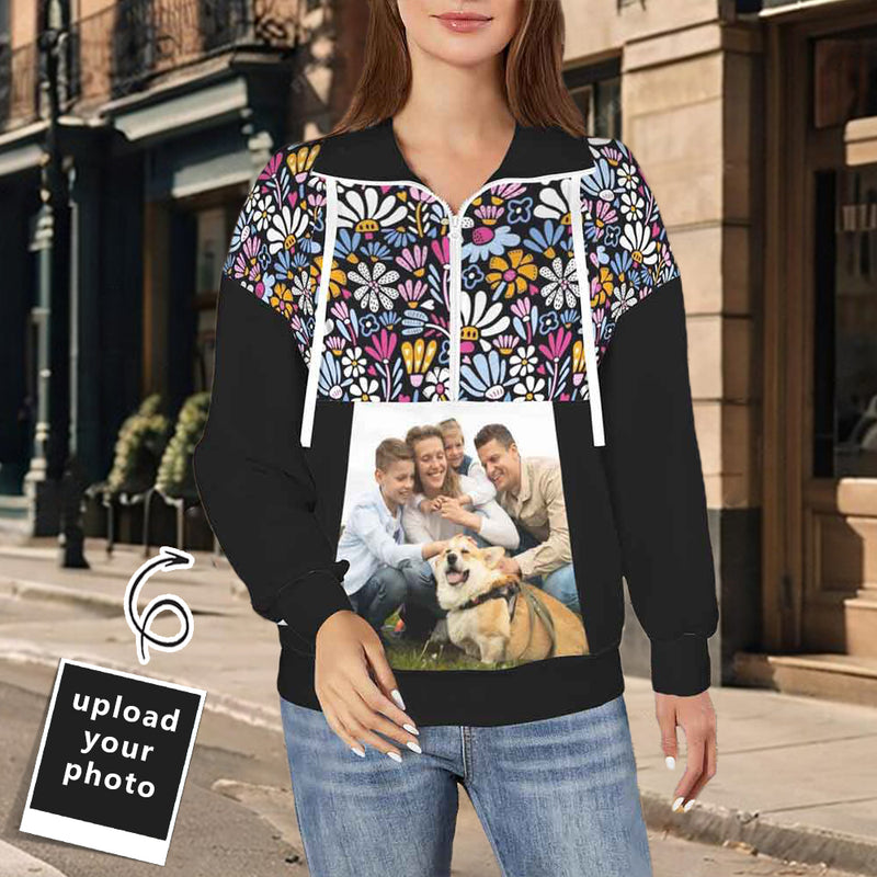 Custom Photo Sweatshirt Hoodie Personalized Face Women's Black Lapel Half Zip Pullover Drawstring Sweatshirts