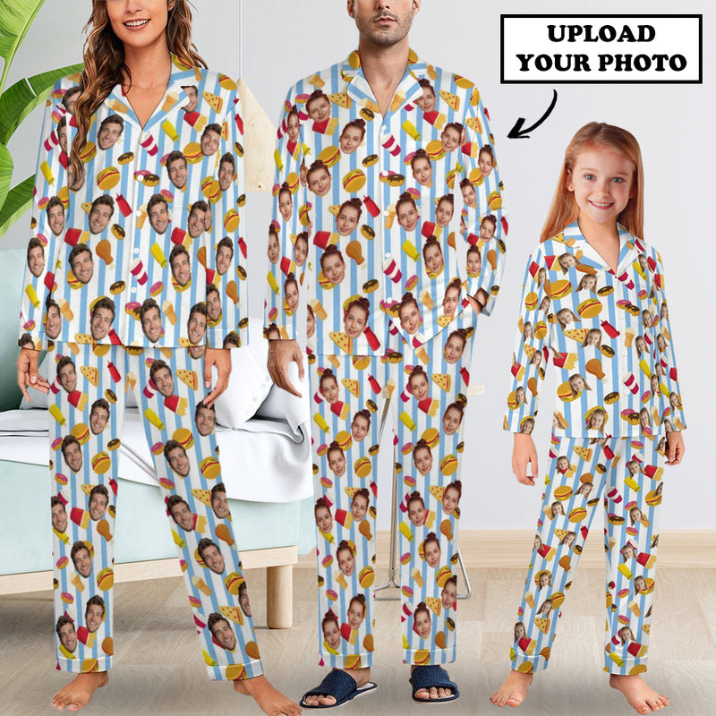 Custom Face Pajamas Set Personalized Blue Stripes Family Matching Long Sleeve Button Pajama Set