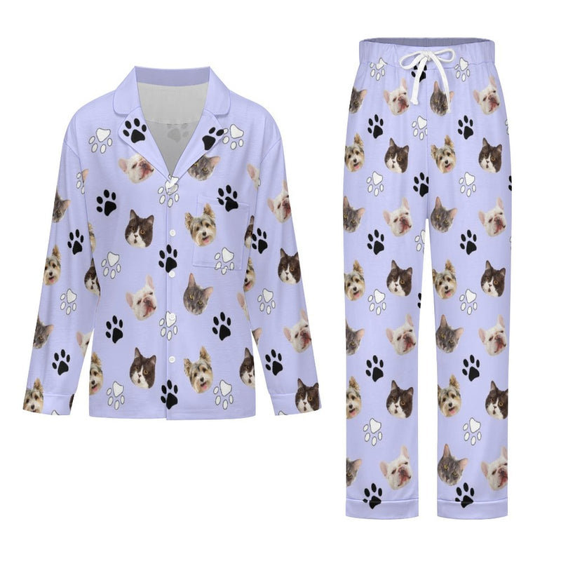 Custom Face Long Sleeve Pajamas Set Personalized Pet Paw Sleepwear For Men&Women