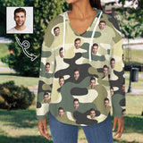 Custom Women's V Neck Long Sleeve Drawstring Pocket Pullover Hoodies Personalized Camouflage V Neck Sweatshirt