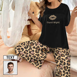 Custom Women's Pocket Short Sleeve&Long Pants Pajama Sets Personalized Leopard Black Top Pajama Sets Nightwear