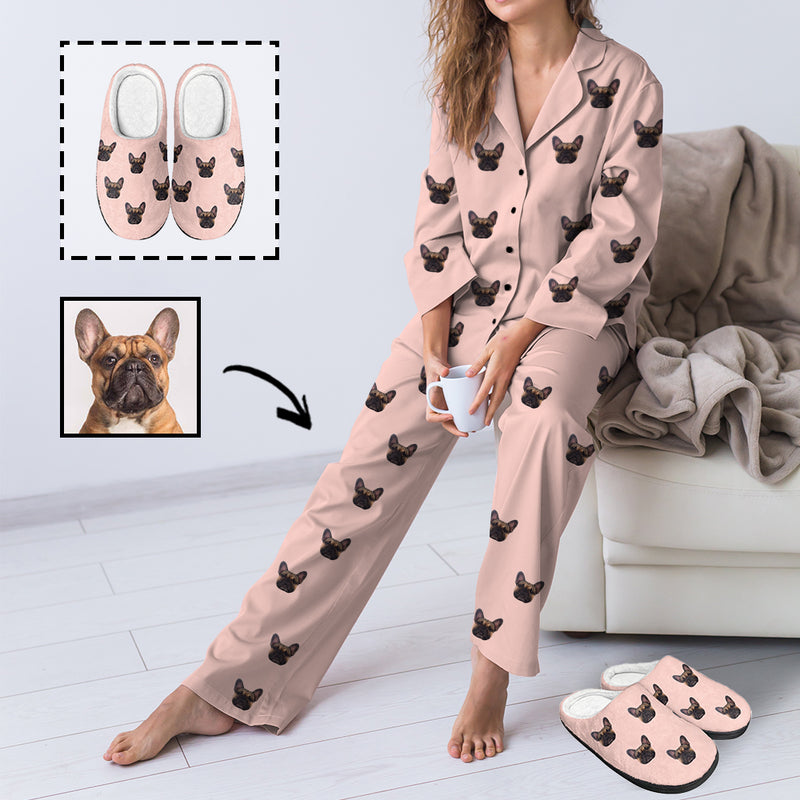 Custom Face Women's Pajama Set&Cotton Slippers Personalized Women's Pink Dog Face Long Sleeve Pajama Set&Slippers