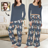 Custom Face Long Pajama Sets Personalized Women's Round Neck Pocket Long Pajama Sets